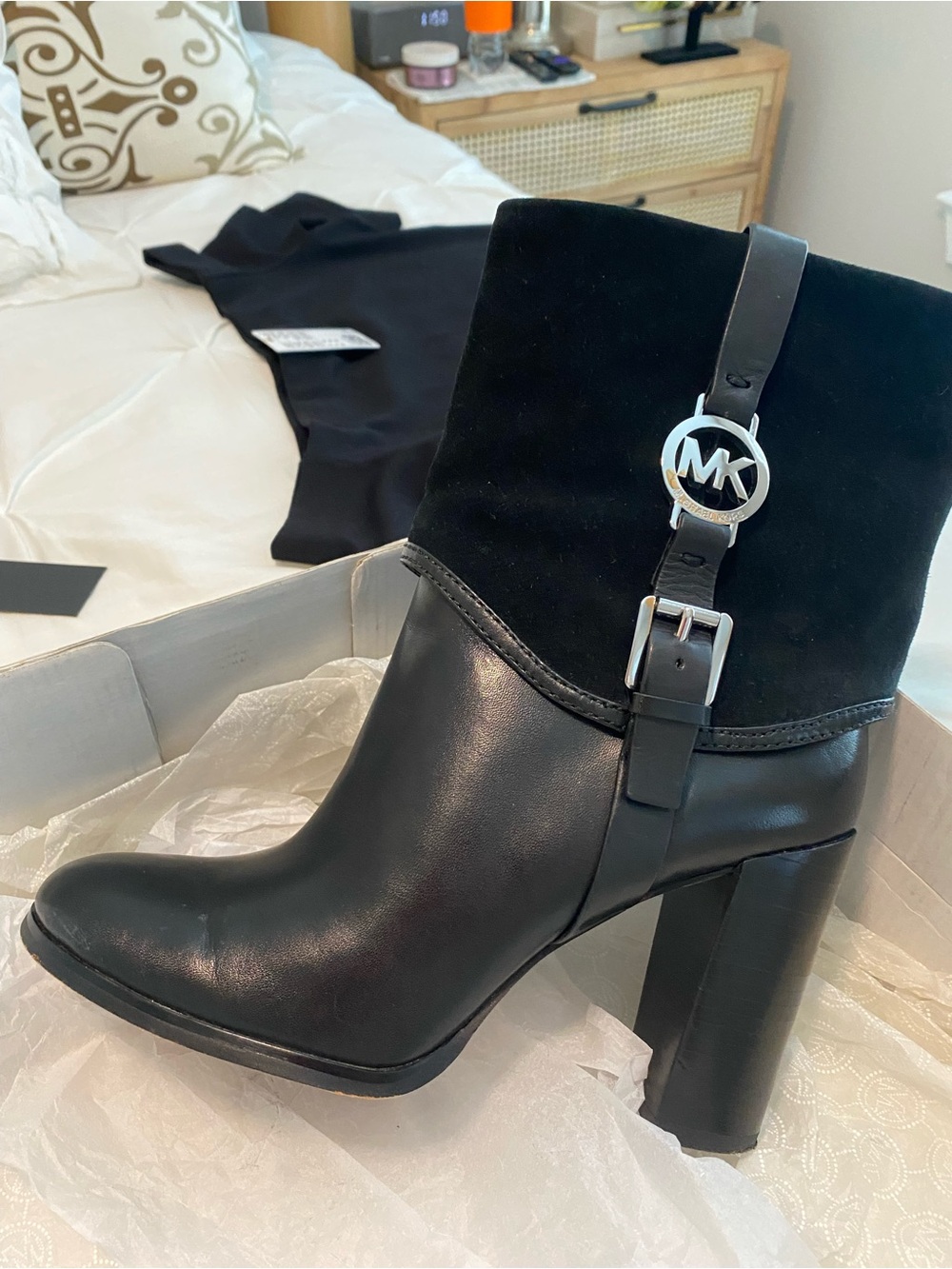 Michael Kors FultonBlack Leather and Suede MK Logo Block Heel Ankle Boot